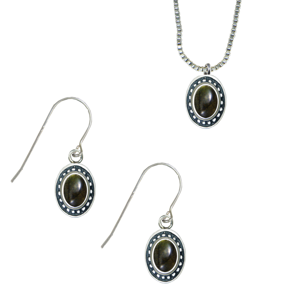 Sterling Silver Petite Necklace Earrings Set Spectrolite